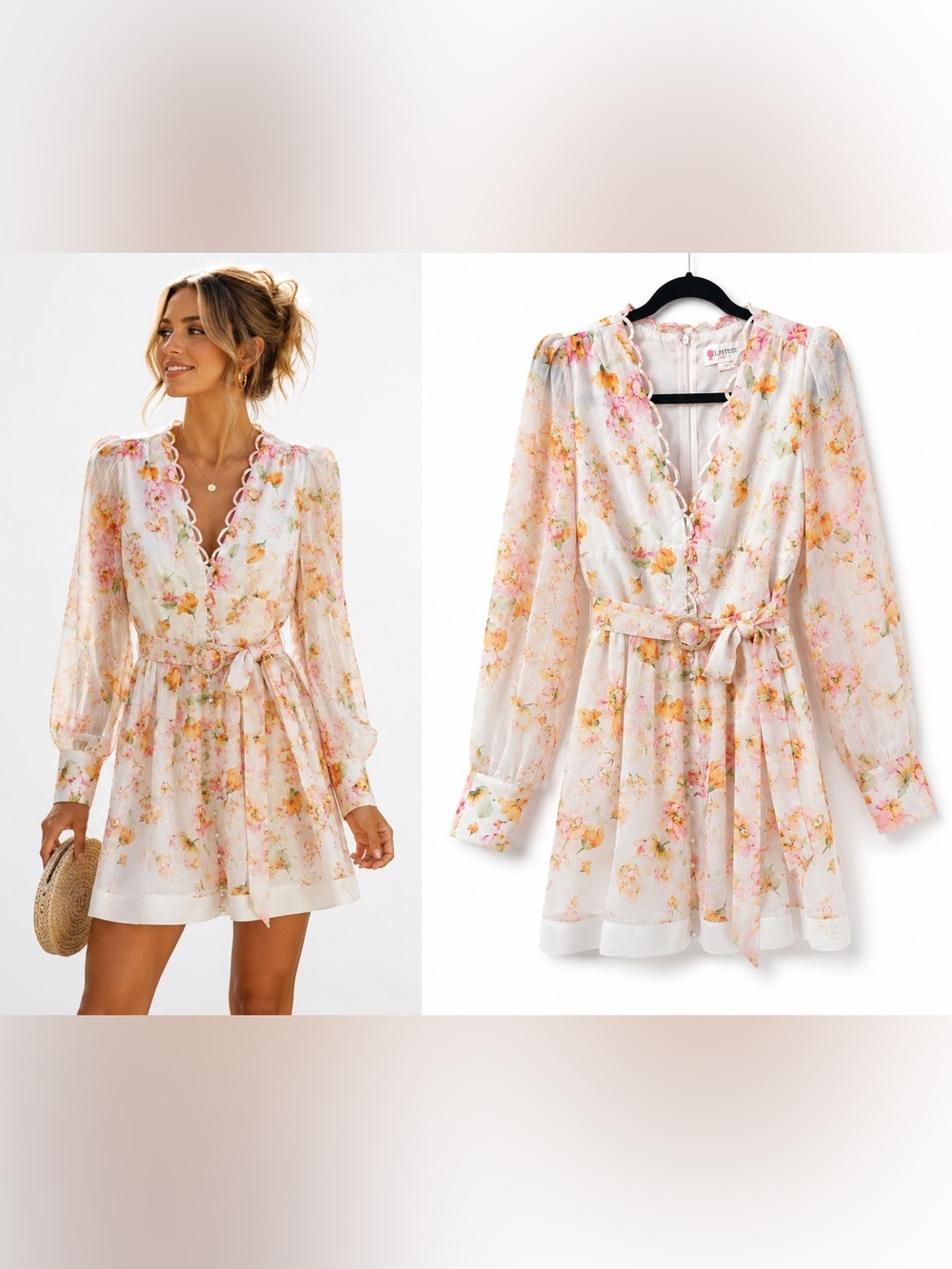 L'ATISTE White Floral Tie-Waist Long Sleeve Mini Dress